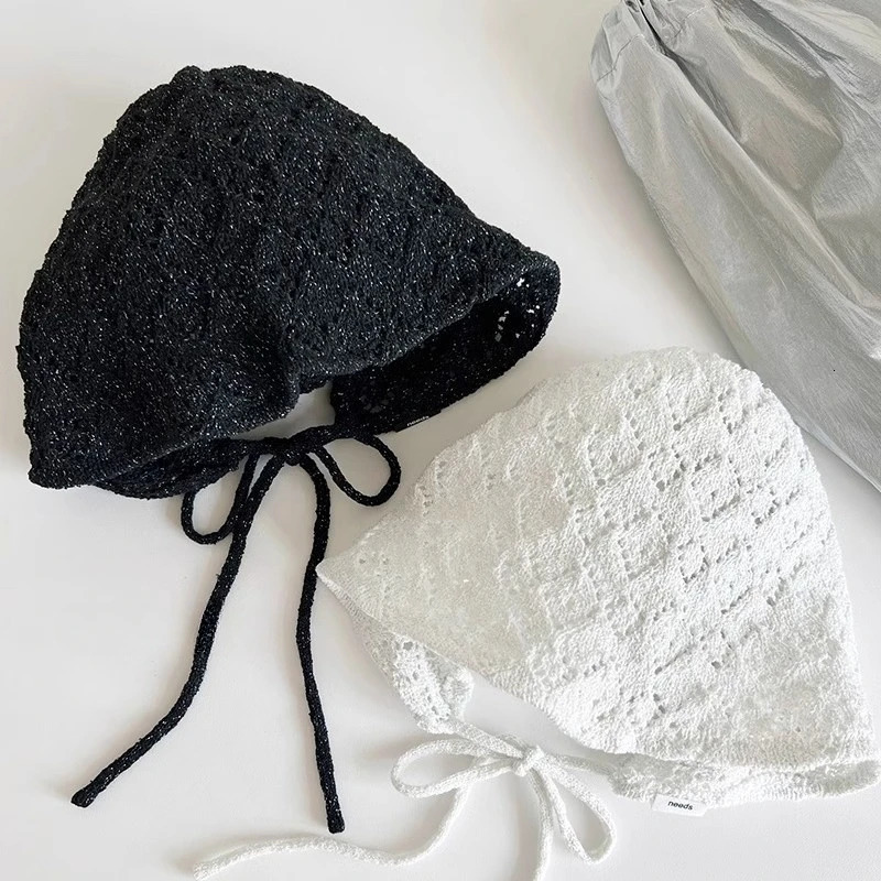 Korean Version Simple Lace-up Solid Color Bucket Hat Spring and Summer Thin Breathable Hollow Lace-up Beanie Cap for Womens 250805