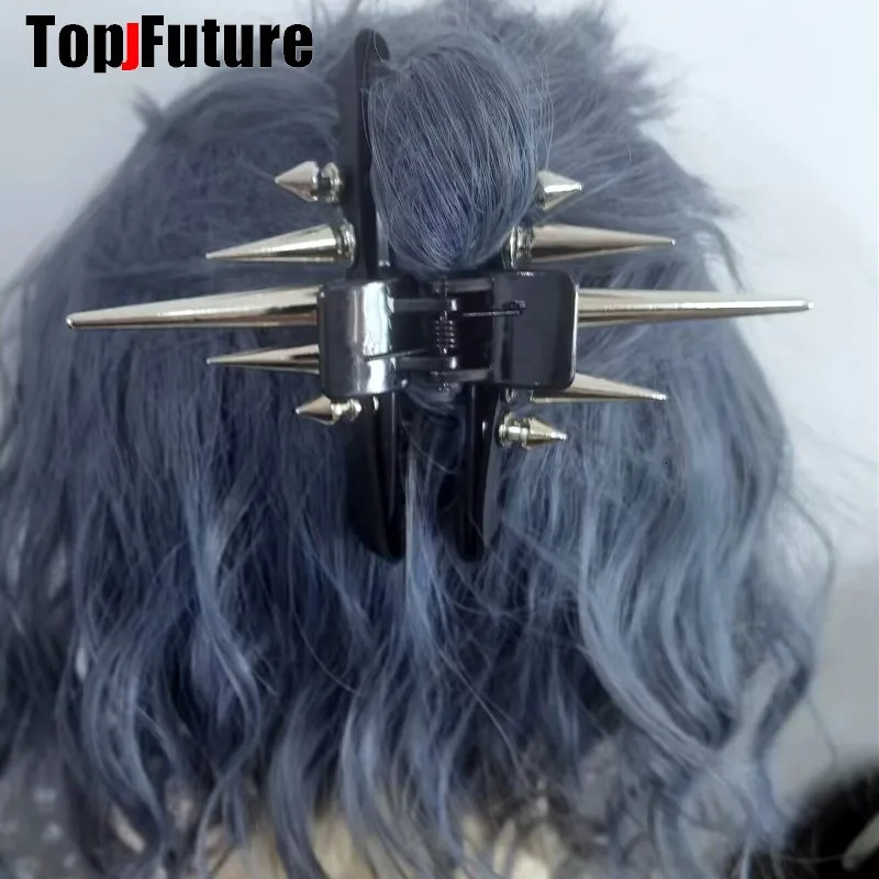 Streetwear Gothic Spike Hair Grab Punk Hip Hop Handmade Leather Buckle Chain Spike Clip Women Party Hair Accessories 250730