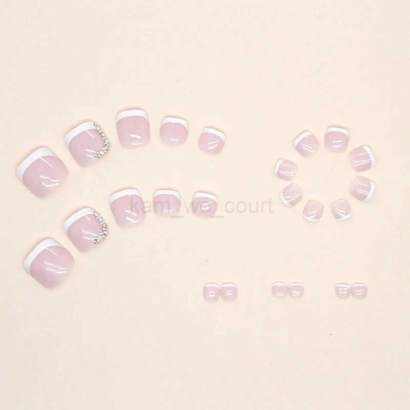 Summer Simple White French Wearable Nail Tip Art Shiny Rhinestone Toe False Nail Glue Short Flat Shape Artificial Fake Toenails M250807