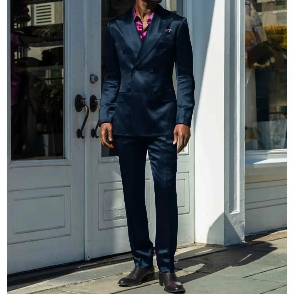 Fashionable Men Suits Satin 2 Piece Jacket Pants Sets High Quality Prom Party Blazer Double Breasted Lapel Male Clothing 250807