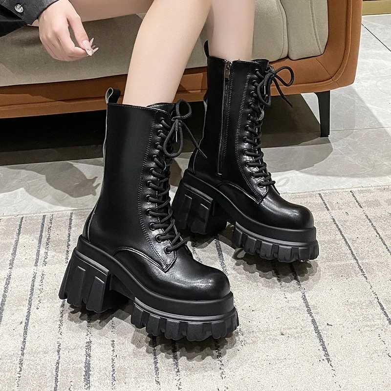 9CM Chunky Platform Ankle Boots Women 2024 New Autumn Winter Motorcycle Boots Women Thick Bottom Non-Slip Leather Combat Boots XJ250807
