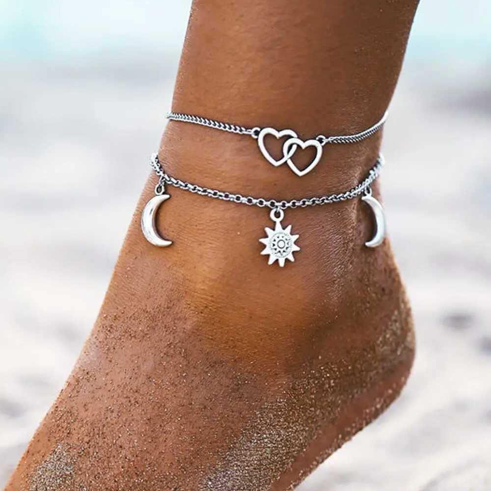 Two Layers Chain Heart Moon Sun Gold Silver Color Anklets For Women s Summer Barefoot Sandals Jewelry On Foot Leg Y250805