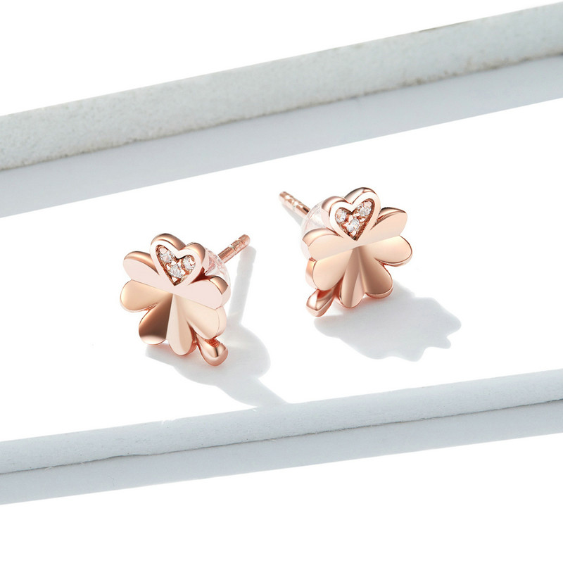 Bamoer Original Four-leaf Clover Stud Earrings S925 Sterling Silver Rose Gold Plated Earrings Plant Personality Fashionable Silver Earrings