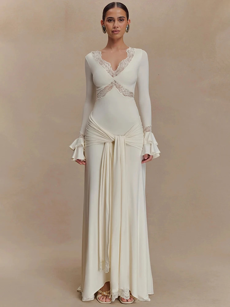 Mozision Autumn Long Sleeve Sexy Maxi Dress For Women Fashion Lace Patchwork V Neck Backless Draped Ruched Club Party Long Dress 250728