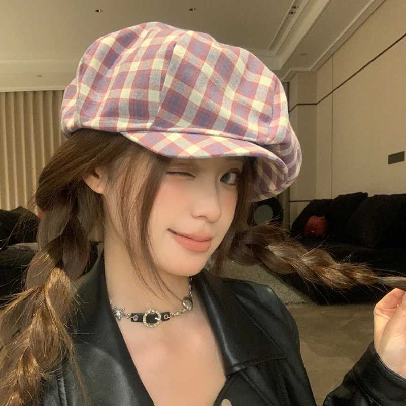 Retro Literary and Artistic Color Matching Plaid Berets for Women Spring and Summer New Sweet Versatile Cloud Newsboy Hat XJ250807