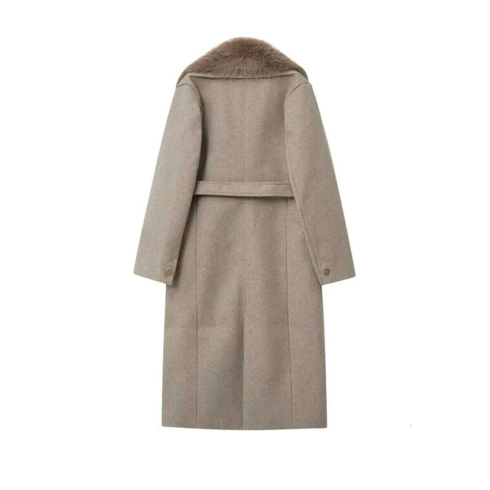 Korean Style 2025 Autumn Winter Oversized Faux-Fox Fur Collar Detachable Splicing Woolen Women's Belt Warm Coat