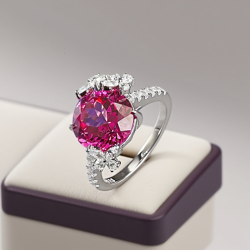 Hui Zhi Wing Jewelry S Pure Silver Inlaid 10mm Round Colorful Gemstone Rose Embellished Ring for Women Light Luxury High-end Party Style