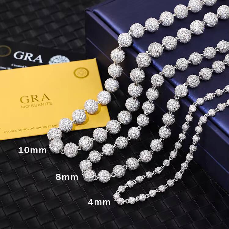New Style Hiphop Fashion Ball Chain Necklace 4mm 8mm 10mm Solid 925 Silver Iced Out Moissanite Diamonds Ball Moissanite Chains