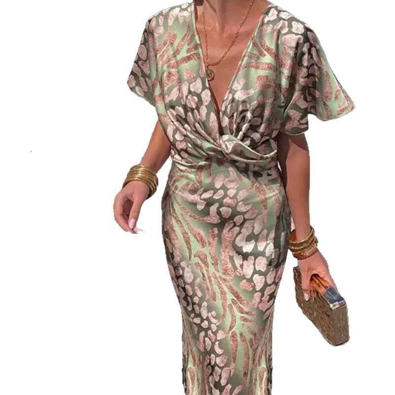 Women's Fashion Twisted Print Sexy V-Neck Mid-Length Dress B5 h7