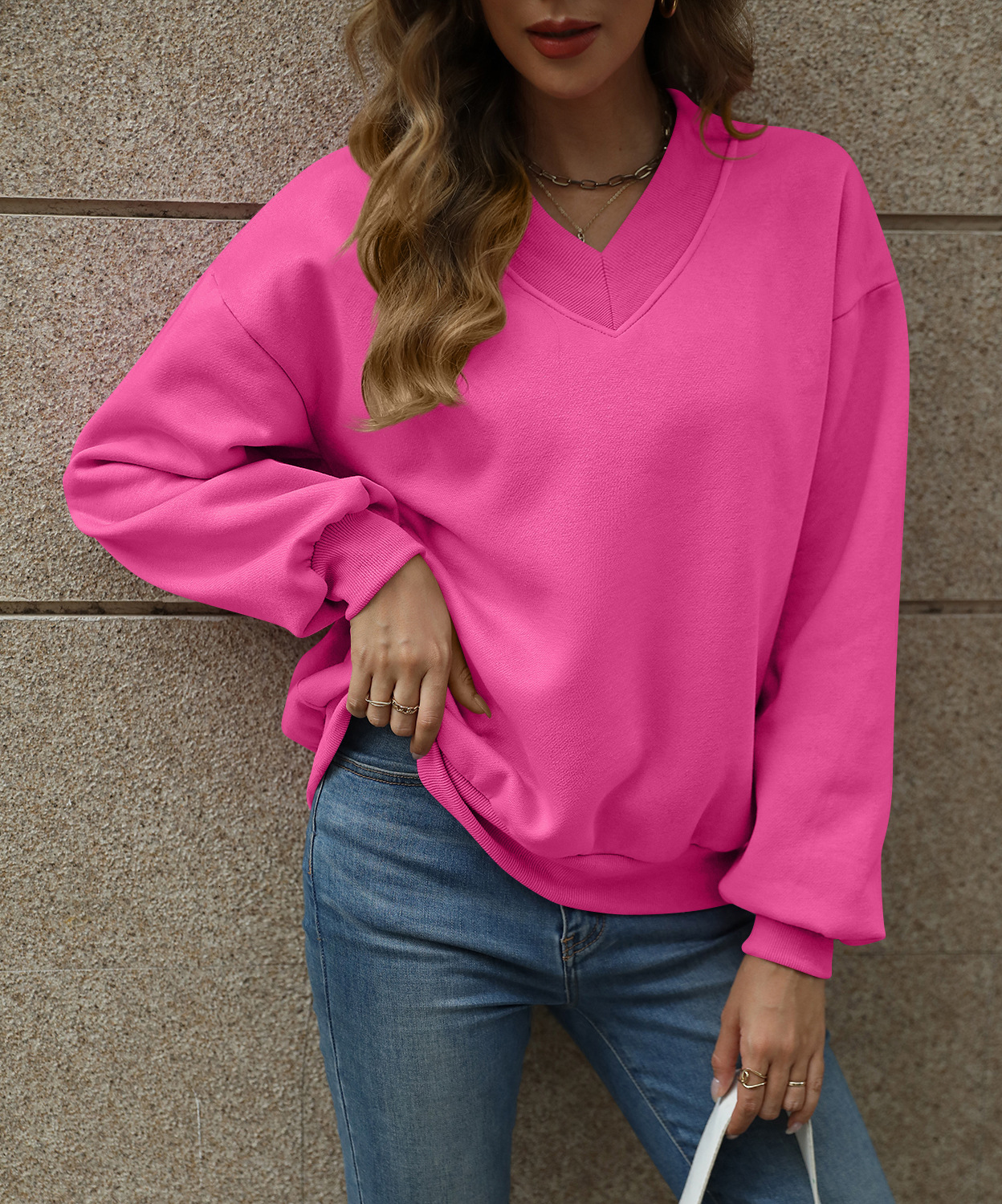 Free Shipping Designer Hoodie 2025 Women's Clothing Amazon Independent Station New Solid Color V-neck Wool Loose Multi-functional Sports Sweater