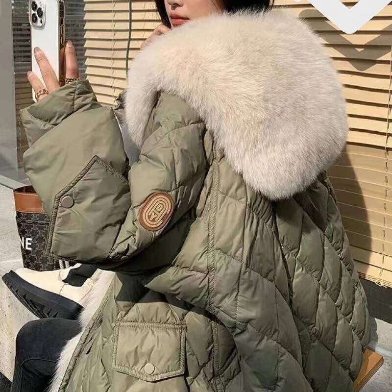 Designer Clothing 2025 Brand Winter Women Big Faux Fox Fur Collar Fluffy Loose Puffer Jacket Parkas Windproof Coat Snow Outerwear Warm