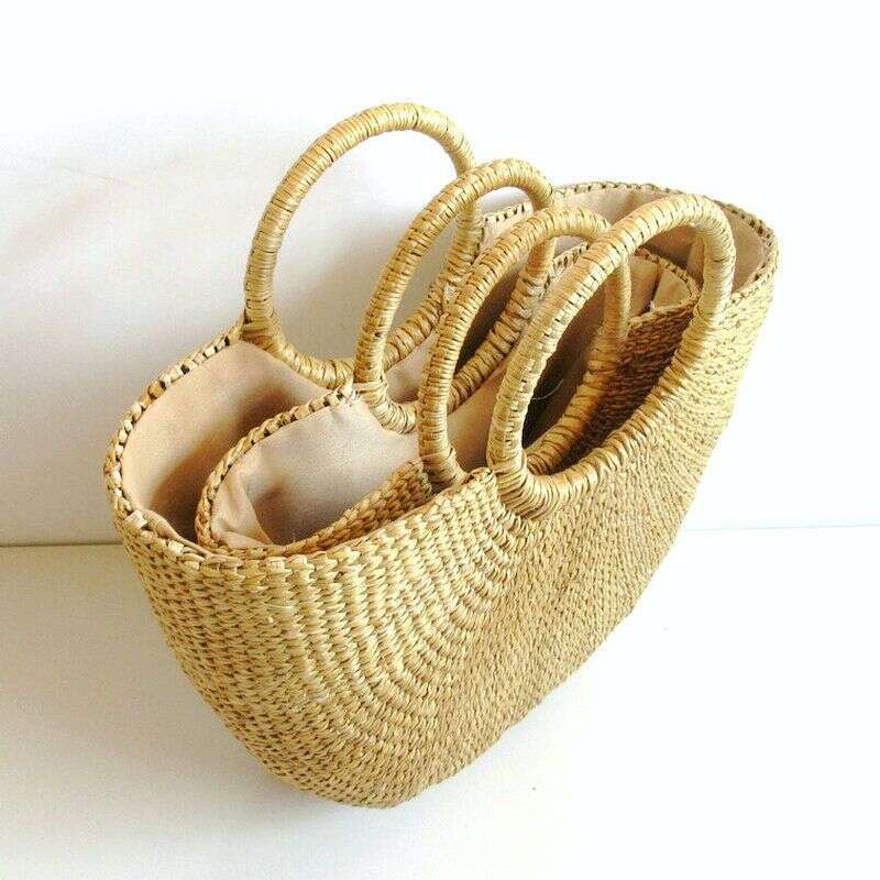 Yellow Grass Half-Round Handbag Simple Solid Color Straw Casual Vacation Beach Woven Bag