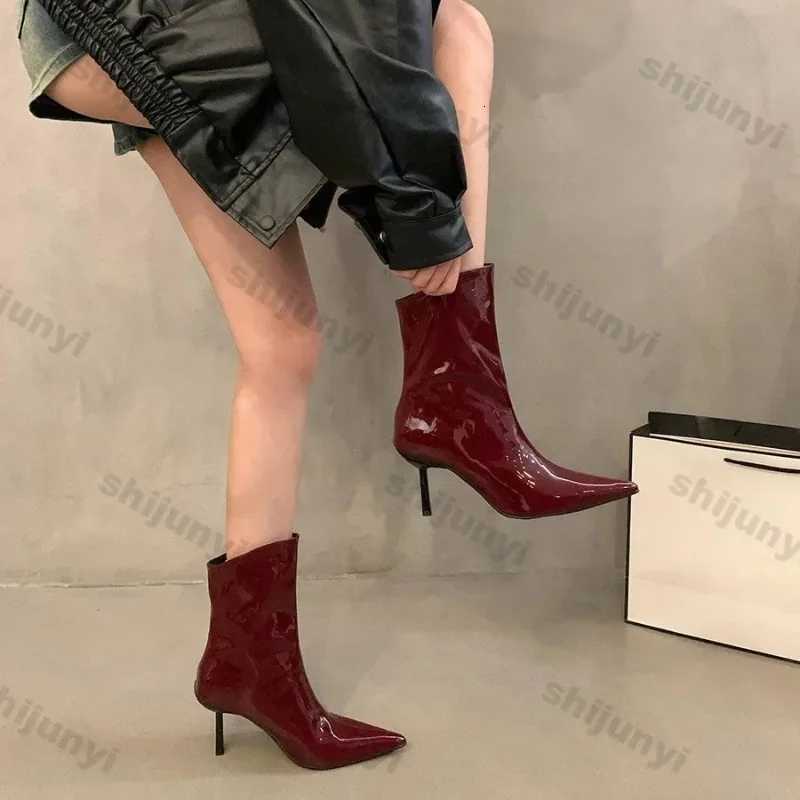 Women Sexy Pointed Patent Leather Ankle Boots Spring Autumn New Solid Color Stretch Slip Booties Women High Heels Skinny Boots XJ250807
