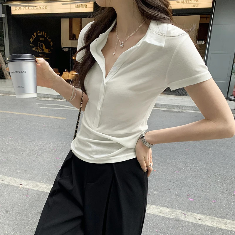 2025 Summer Polo Collar Womens Tshirts Solid Buttons Short Sleeve Bottom Korean Shirts Slim Knitwear Tops Female 250729