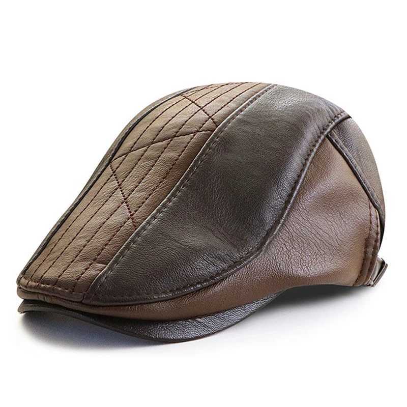 PU Leather Beret Hats for Men Autumn Winter Faux Leather Herringbone Visor Middle-aged Mens Warm Flat Peaked Adjustable XJ250807
