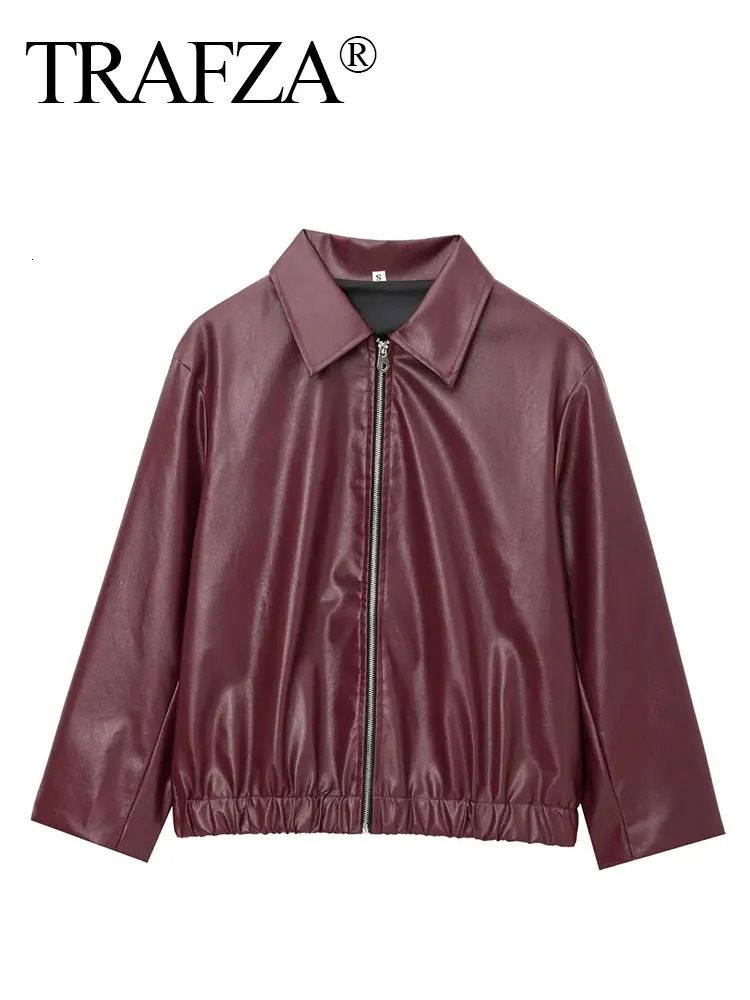 TRAFZA Wine Red Faux Leather Jakcet Fashion Outerwear Thicken Zipper Lapel Pu Coats Autumn Winter Streetwear Ladies Tops Women 250804