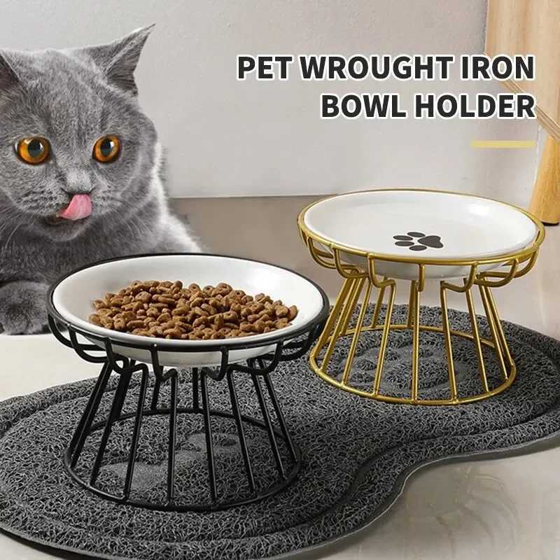 1Set Pet Ceramic Bowl Iron Rack Cat Food Snacks Canned Plate Anti-black Chin Anti-turning Water Does Not Leak Easy To Eat Y250806