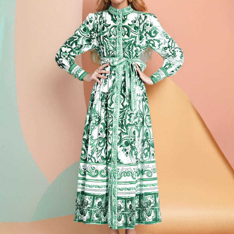 New Women's Lantern Printed Long Sleeve Pleated Dress B5 h7