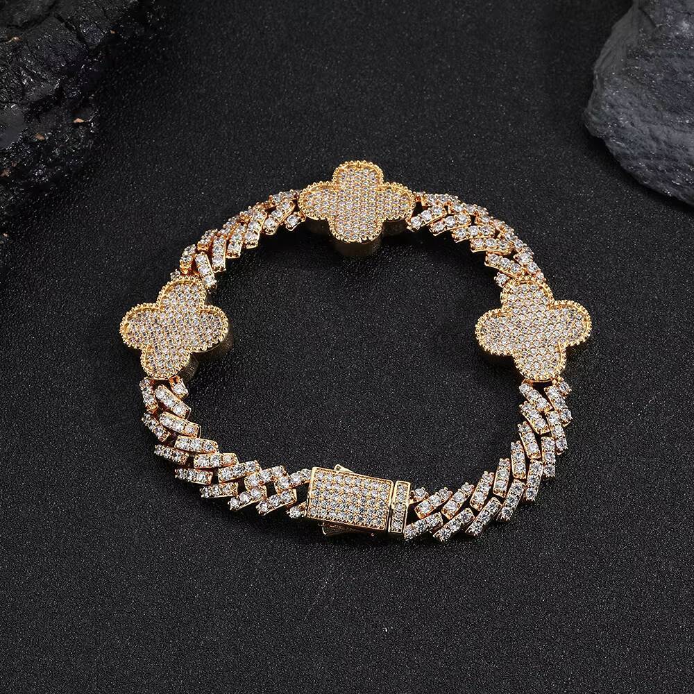 Four Leaf Clover Cuban Link Chain Bracelet for Women Single Row Diamond Gold Silver Plating Prong Cuban Link Bracelet