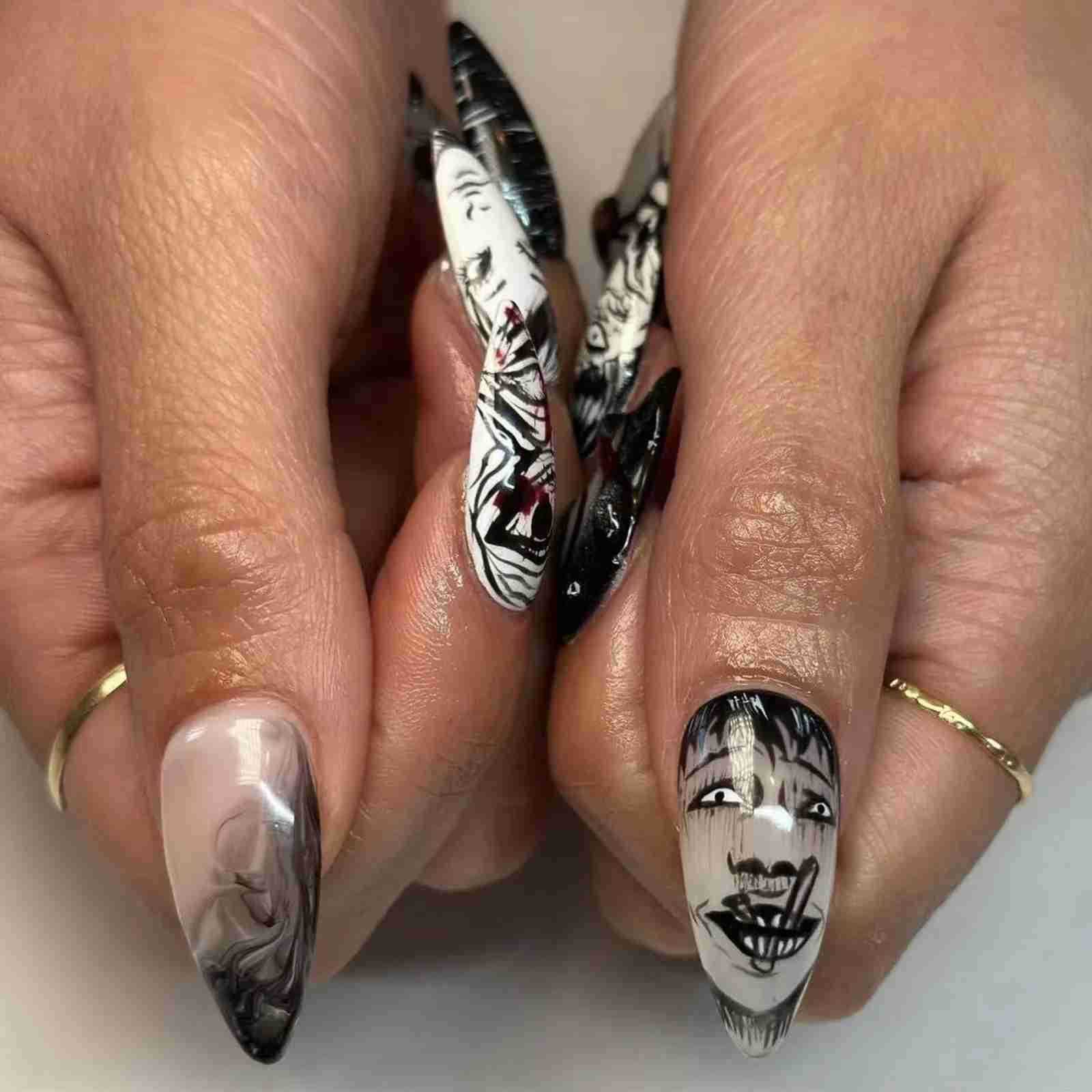 24PCS/Set Almond Pointed Kawakami Tomie Press-on Nails Wearable Artificial Advanced Japanese Comics Pattern Fake Nails for Women Z250807