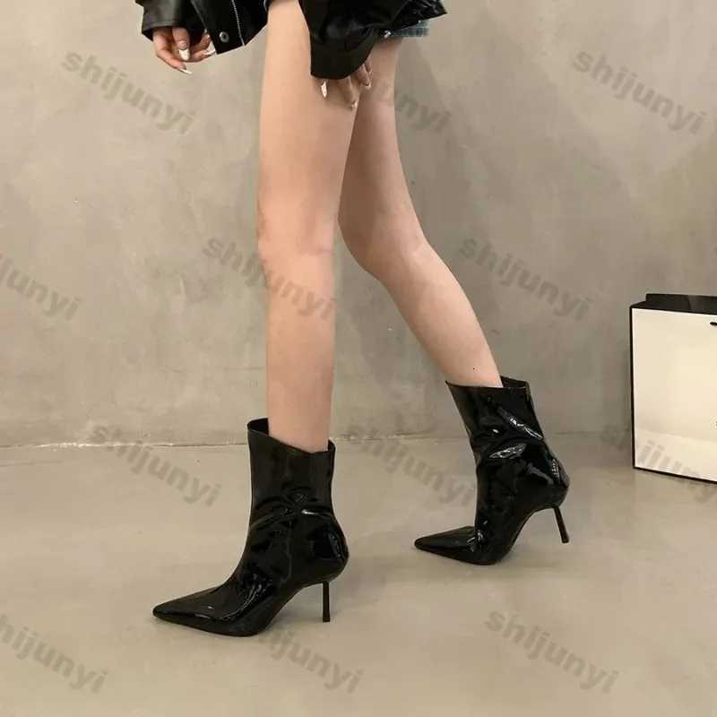 Women Sexy Pointed Patent Leather Ankle Boots Spring Autumn New Solid Color Stretch Slip Booties Women High Heels Skinny Boots XJ250807