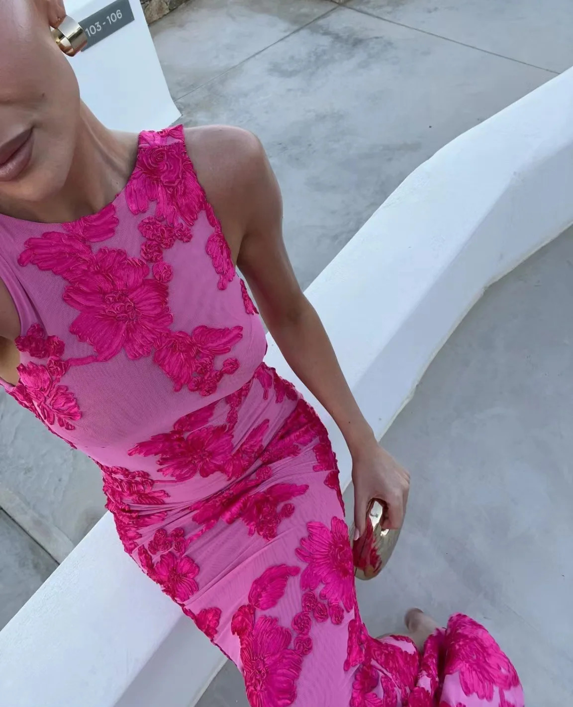 VEITCHE Elegant Women Sleeveless 3d Flowers Party Dress Embroidery Mesh Slim Hip Package Female Fshion Maxi Dresses Summer Robe 250807