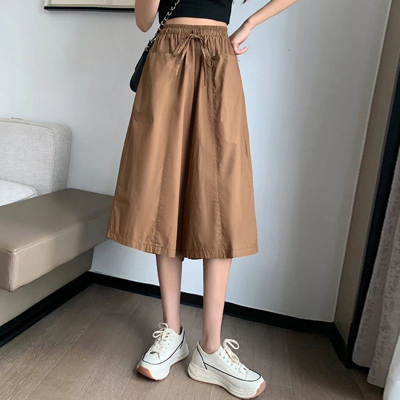 Casual Loose Wide Leg Pants Woman Thin Summer Plus Size Baggy Elastic Waist Lace Up Slacks CalfLength Trousers Culottes 250805