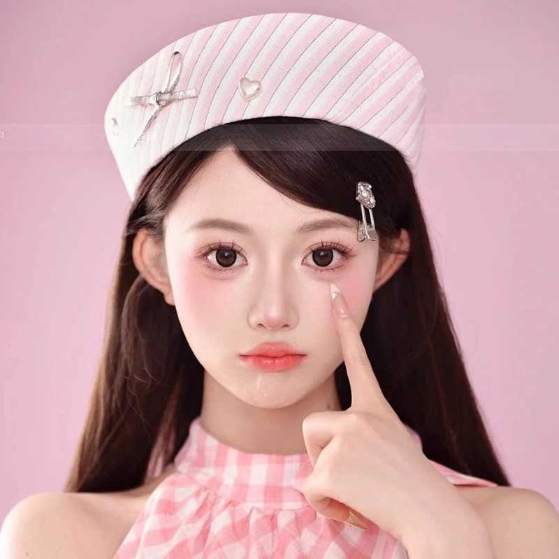 Original Y2k Janese Diamond Bow Decorative Sailor Hat Spring and Summer Womens Sweet Striped Flipped Brim Fashion Beret XJ250807