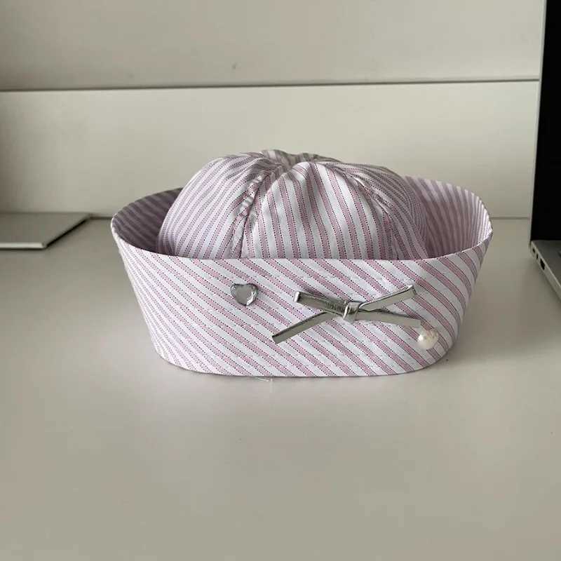 Original Y2k Janese Diamond Bow Decorative Sailor Hat Spring and Summer Womens Sweet Striped Flipped Brim Fashion Beret XJ250807