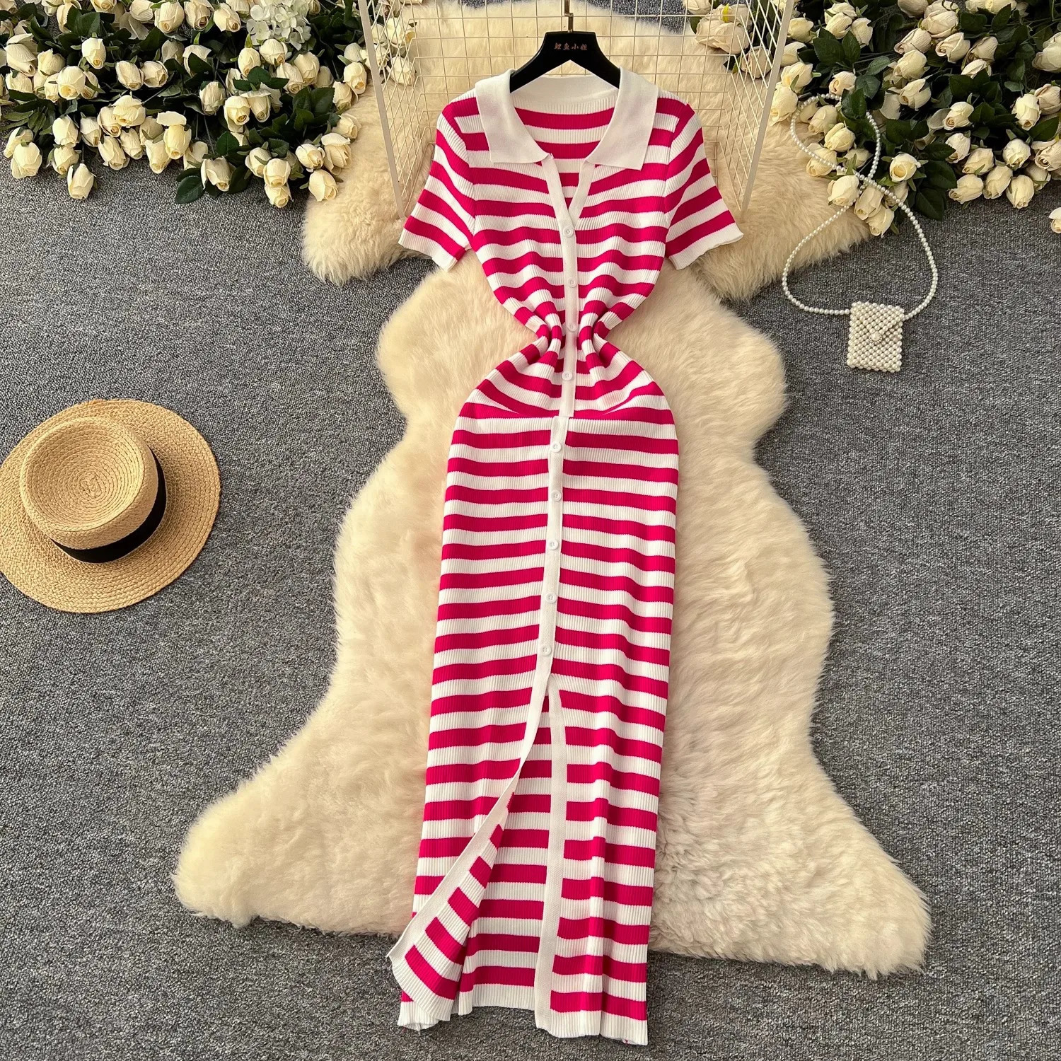 YuooMuoo Chic Fashion Sexy Wrap Hips Knitted Maxi Dress Summer Women Singlebreasted Stripes Sweater Streetwear Robes 250807