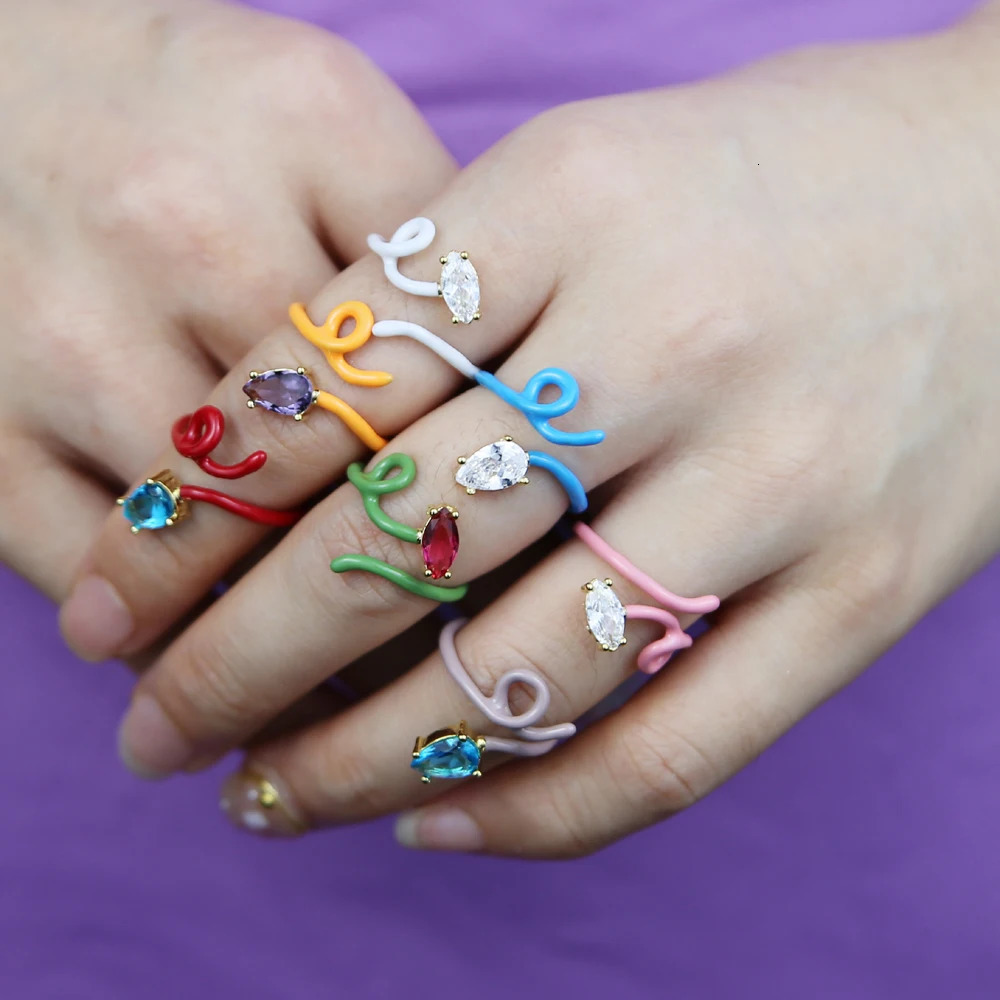 Wholesale High Quality Colorful Rainbow Jewelry Pastel Enamel The Wire Band Open Adjust Women Single Stone Ring 250730