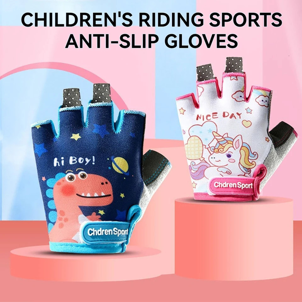 GTUBIKE Childrens Gloves Protective Hand Sports Cycling Half Finger Breathable Cute Doodle Dinosaur Unicorn For 312 Years Old 250729