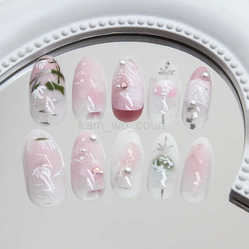 24pcs Sweet Almond Fake Nail Tips Hand-painted Flower Pearl Pattern Blush Pink Press-on Nails Gentle Ins Style False Nails M250807