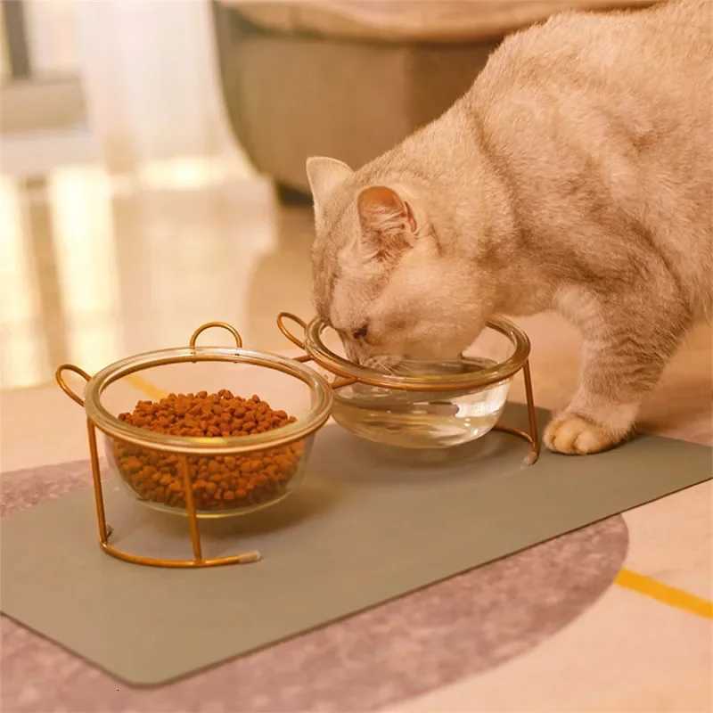 Fashion Cat Accessories Cute Pet Food Feeder Glass Dog Double Bowl Pet Bowls with Golden Stand Raised Cat Bowls Dog Water Bowl Y250806