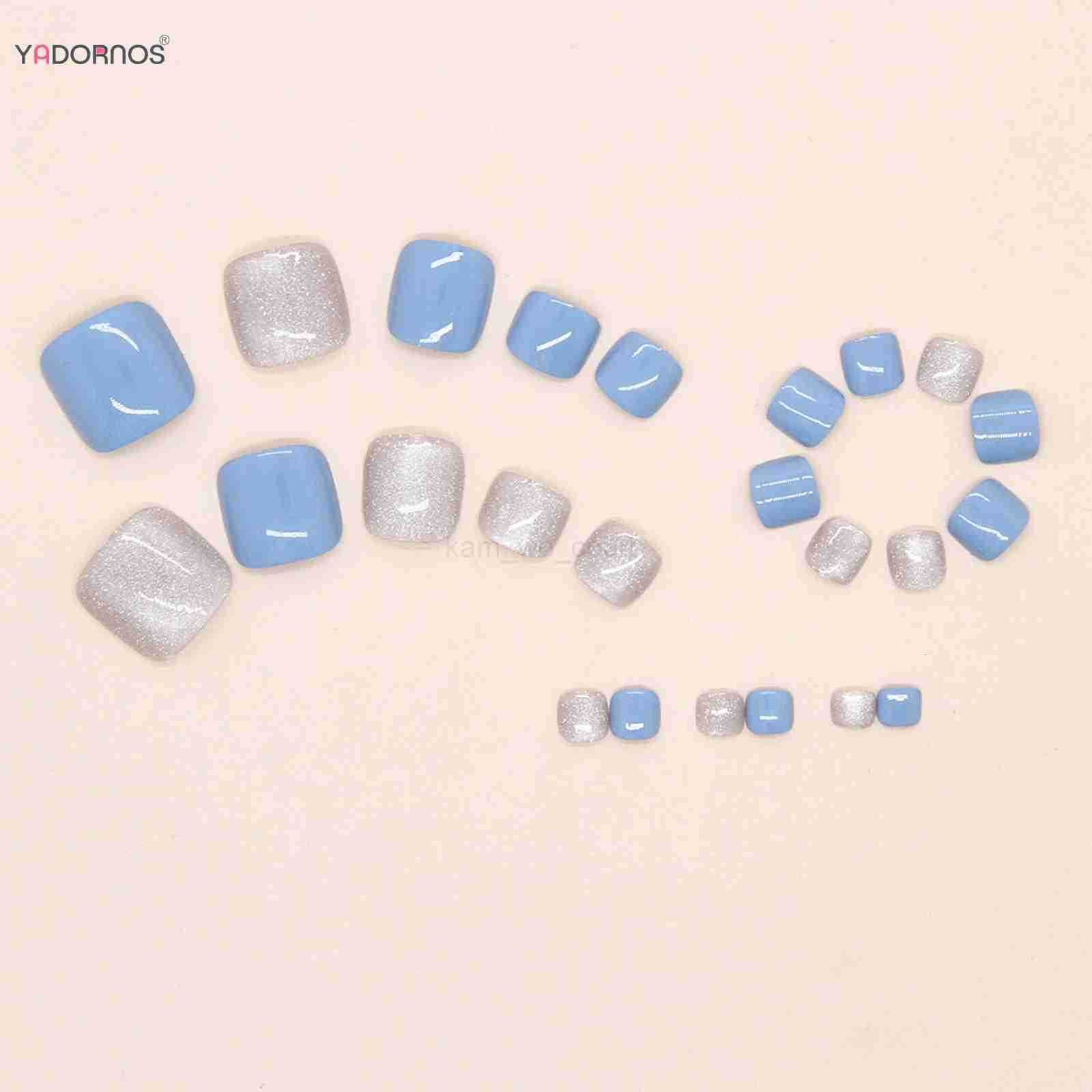 Summer Blue Fake Toenails Glossy Sequins Designs 24Pcs Short Press On Nails For Barefoot Decor Diy Manicure False Nails Art M250807
