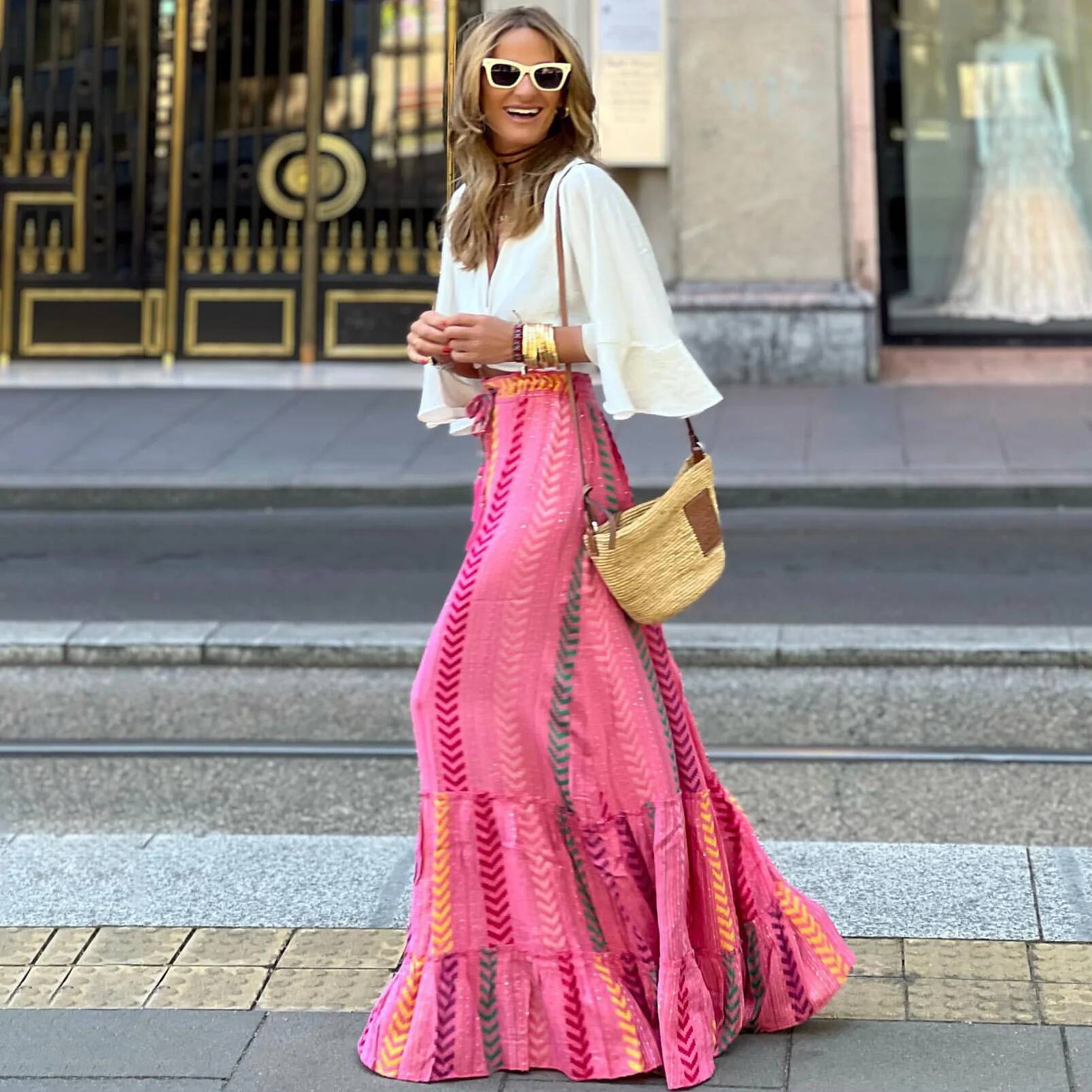 2025 Summer New Women's A-line Skirt Beach Holiday Printed Lace up Skirt Casual Long Skirt Loose High Waist Bohemian Women's fashion Summer 