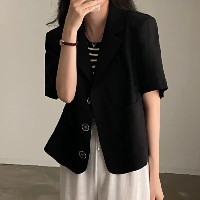 Korean Chic Summer Of The Season Vintage Collar ThreeButton Loose Casual Short Sleeve Linen Suit Jacket Womens Fashio 250807