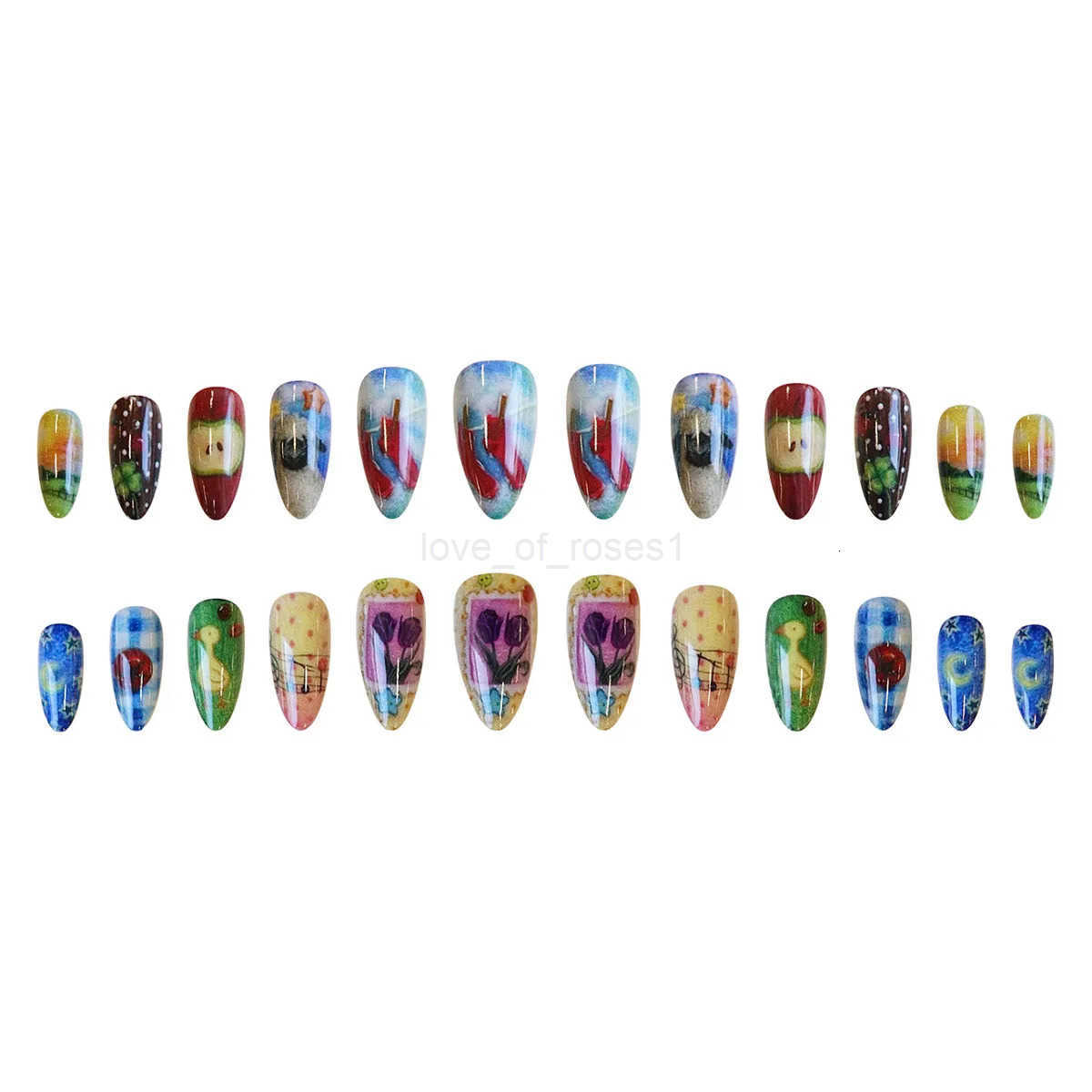 24pcs Cute Cartoon Fake Nail Tips Oil Painting Series Printed Almond Press On Nails Sweet Cool Charming False Nails For Spicy Girl Z250807