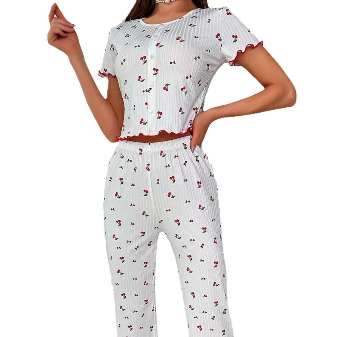 B1005-Women's Pajamas and Homewear Cherry Pattern Short-Sleeved Pants Front Button Short-Sleeved Pants Set