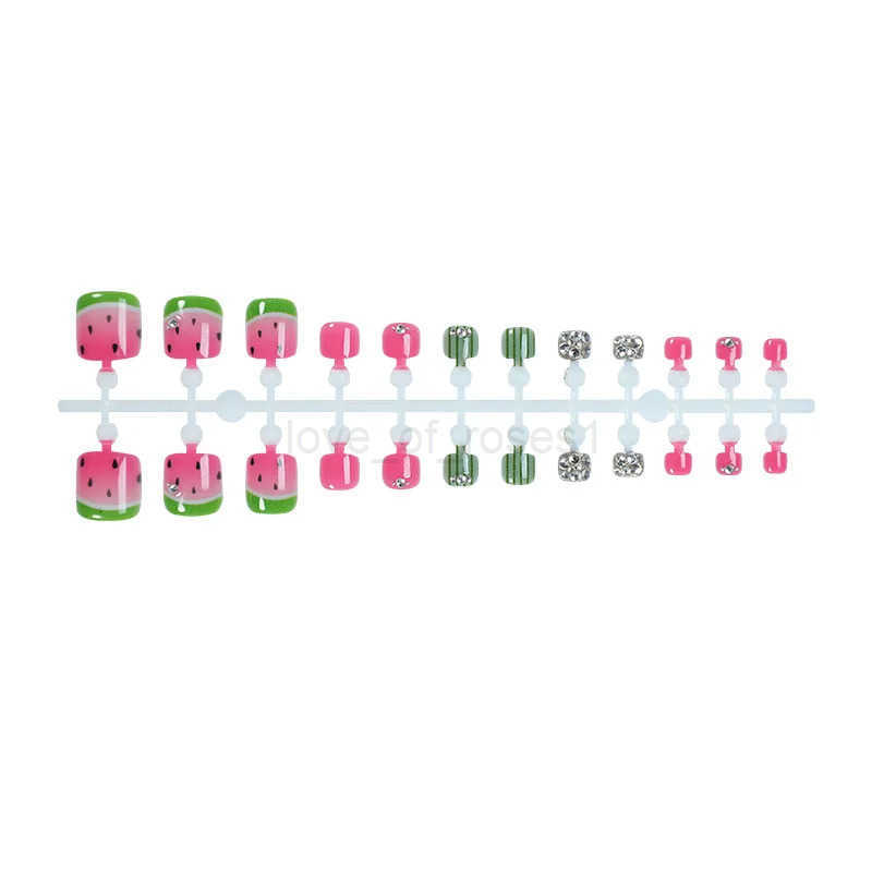 24pcs Colorful Painted Watermelon Fake Toenails Little Fresh Summer Beach Wearable False Toenails Shiny Diamond Press On Toenails Z250807
