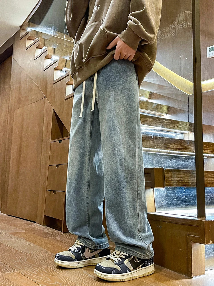 Mens Spring Summer SemiWide Leg Jeans Korean Fashion Washed Cotton Casual Denim Pants Black Blue Straight Trousers 250807