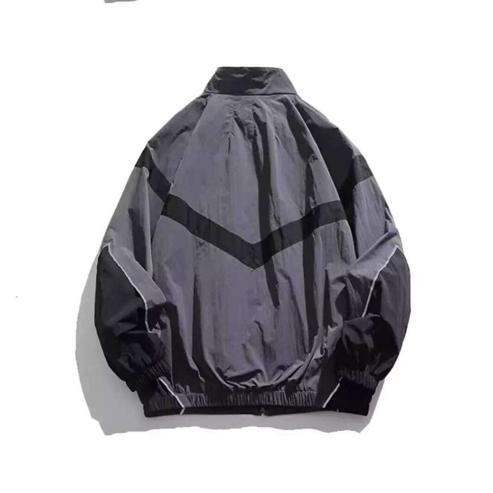 Trendy American Style Zippered Hooded Men's Loose Fit Casual Autumn Fashion Thin Jacket Reflective Patchwork Stand Collar