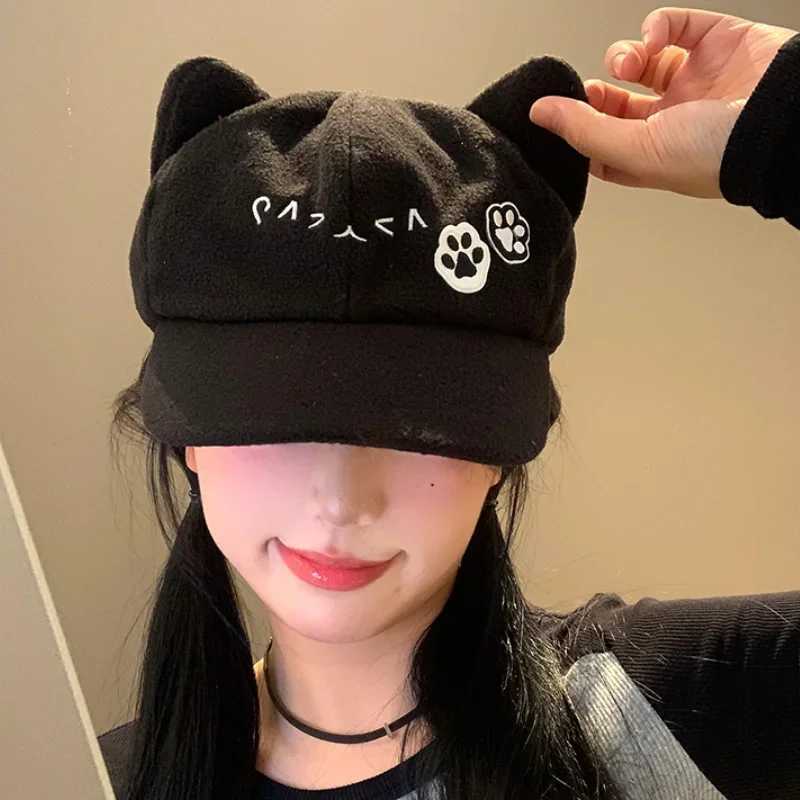Janese Cute Cat Ears Berets Cs for Women Summer Autumn Travel Versatile Sunscreen Casual Retro Black Newsboy Hats Y2k XJ250807