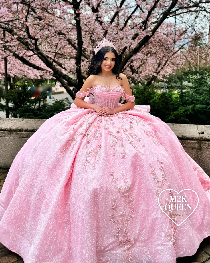Pink Sparkly Princess Quinceanera Dresses Gillter Beaded Off Shoulder Floral Corset vestido de 15 quinceanera customsized