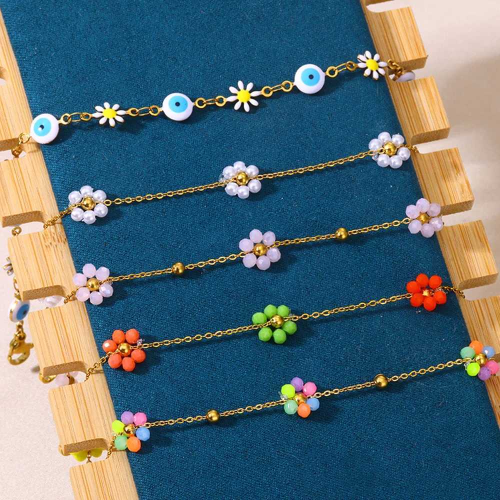 Devil Eye Anklet Colorful Flower Ankle Beads Anklets For Women Stainless Steel Jewelry New In 2024 Foot Women Y250805