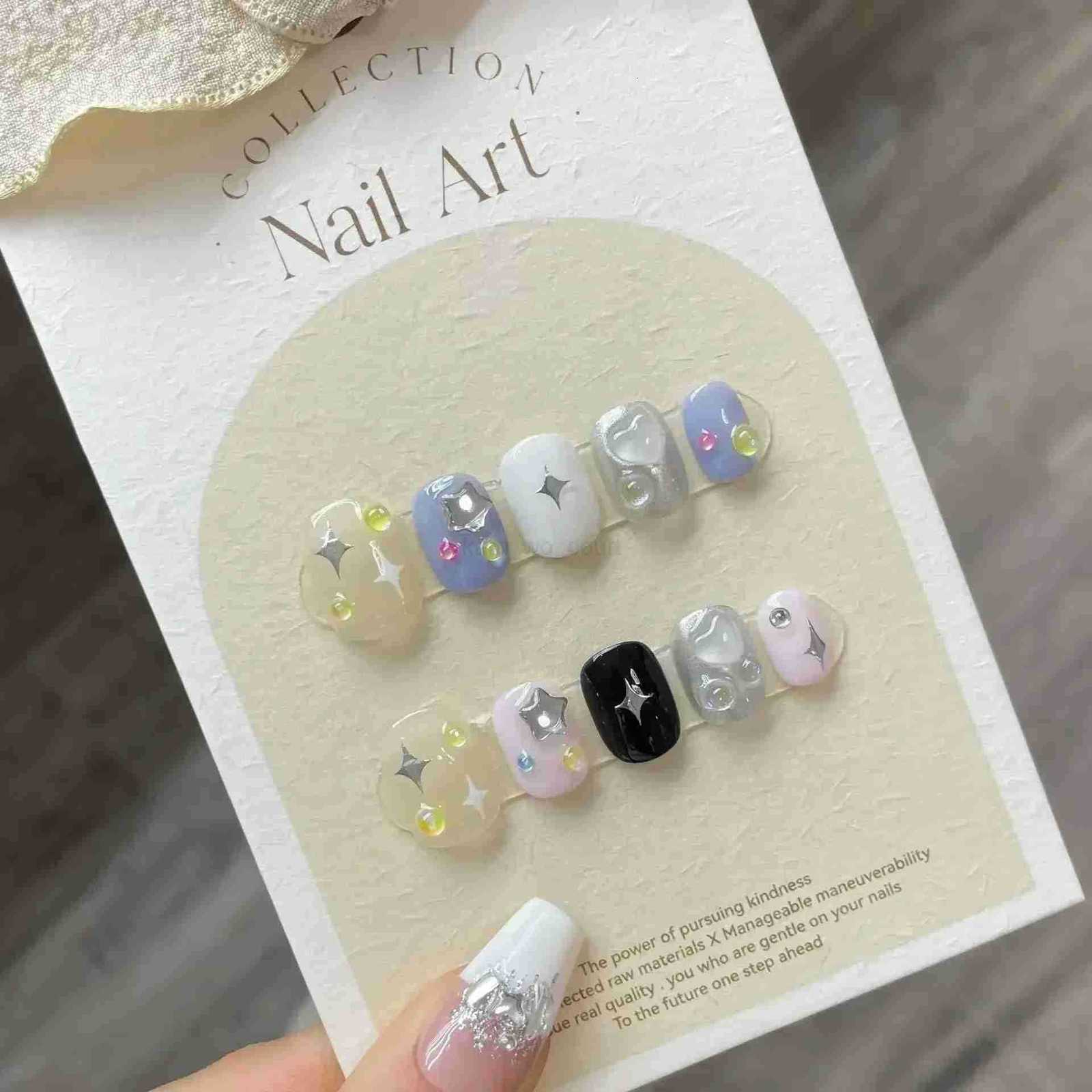 10Pcs Handmade Gothic Short Press-on Nails Rhinestone Round Manicure Decoration Wearable Full Cover with Design Acrylic Nail Tip M250807