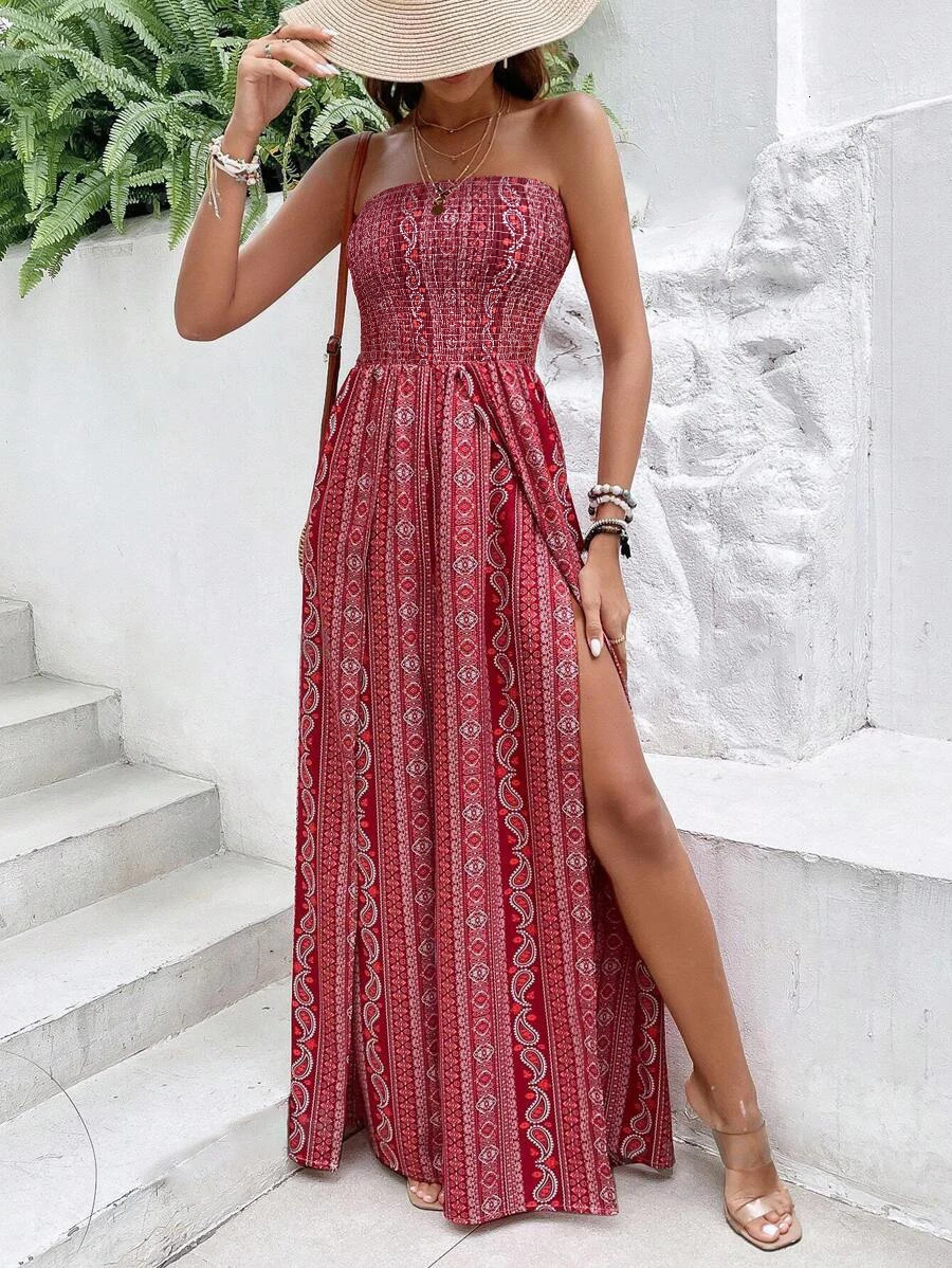 Womens Summer Bohemian Print Jumpsuit Stretchy Wrap Chest Widleg Pants Crossover Side Slit Romper Casual Vacation Outfit 250807