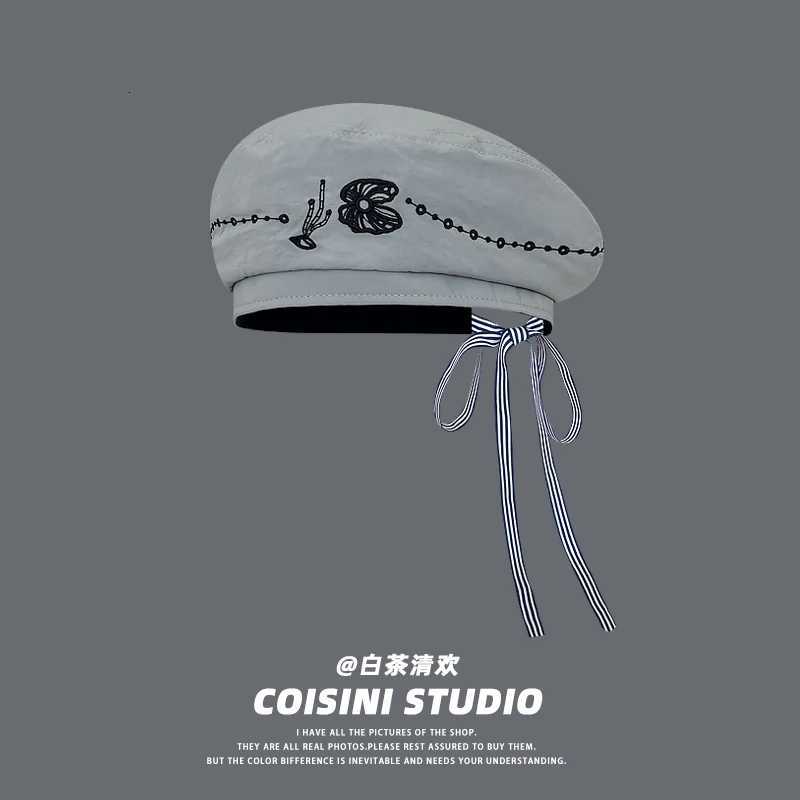 Japanese Retro Bow Streamer Sailor Hat for Women Summer Light and Breathable Versatile Sun Protection Fashion Embroidered Berets XJ250807