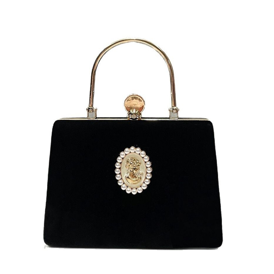Free Shipping Designer Luxury Black Retro Velvet Handbag French Style Elegant High-end Evening Bag Socialite Fashion Small Clutch Dress Bag Shoulder P