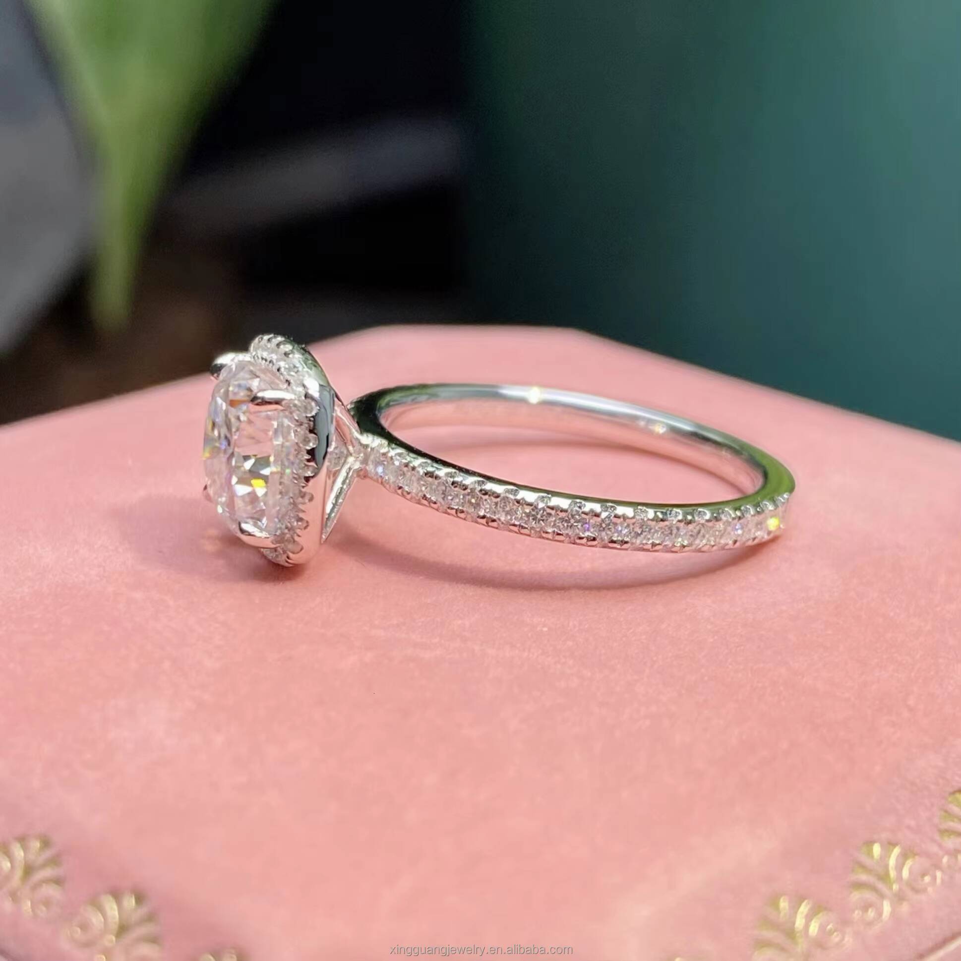 XingGuang Women Engagement Ring 18K White Gold Fine Jewelry 3CT Cushion Cut Halo Diamond Style VVS Moissanite Ring